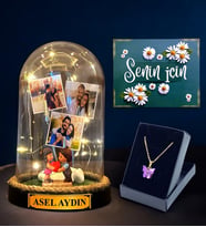 Size Özel Hazırlanacak Hediye Seti, İsimli 3 Fotoğraflı Led Işıklı Fanus ve Kelebek Kolye (Model 1)