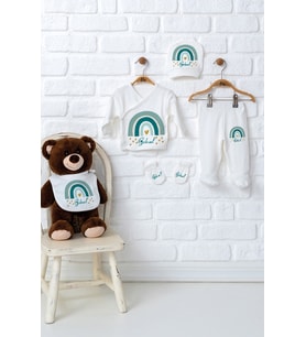 Pia Baby Premium %100 Pamuk 5’li Zıbın Set  İsme Özel Hastane Çıkışı Yenidoğan Bebek Hediyesi 5055-08 (Ekru)