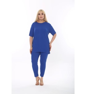 Kadın Kısa Kollu Beli Lastikli Yırtmaçlı Rahat Kalıp İkili Pijama Takım (Saks)