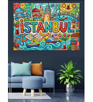 Renkli Doodle İstanbul Şehir İllüstrasyonu Dekoratif Kanvas - Mdf Ahşap Tablo