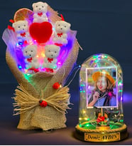 Size Özel Renkli Led Işıklı Fanus ve Renkli Led Işıklı Ayıcık Buketi Hediye Seti (Model 5)