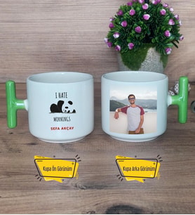 Sevimli Panda Kupa Bardak Fotoğraflı T Yeşil Kulplu Arkadaşa Hediye