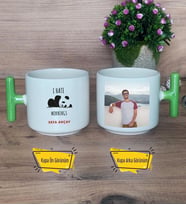 Sevimli Panda Kupa Bardak Fotoğraflı T Yeşil Kulplu Arkadaşa Hediye