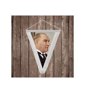 Gazi Mustafa Kemal Atatürk Yan Portre Beyaz Saçaklı Üçgen Flama Bayrak Hatıra Flama ATA58