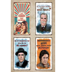 4’lü Yeşil Çam Set Retro Ahşap Poster Özel Koleksiyon Hbb