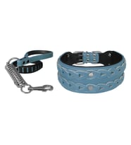 Markapet Elegance Deri İşlemeli Lüks Köpek Tasma Seti XL 7 cm*60-68 cm Turkuaz
