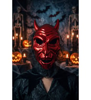 Halloween Cadılar Bayramı Şeytan Maskesi Kırmızı Metalik Tüllü Korku Parti Aksesuarı