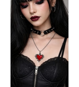 Gotik Kırmızı Kalp Kolye Gümüş Renk Zincir Unisex Metal Aksesuar