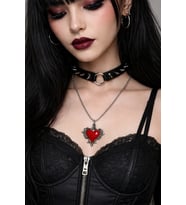 Gotik Kırmızı Kalp Kolye Gümüş Renk Zincir Unisex Metal Aksesuar
