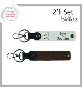 Mırıl Mırıl Bir Armağan, Kedili Tasarım, Kişisel Yazılı Anahtarlık Takımı, Beyaz-Koyu Kahve