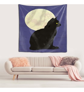 Ay Gece Ve Kedi Temalı Leke Tutmaz Kadife Doku Kumaş Duvar Örtüsü Duvar Halısı Tapestry (Siyah-Mavi)