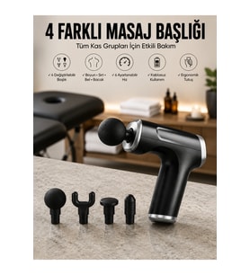 Şarjlı Masaj Tabancası, 4 Başlık, Kas ve Vücut Rahatlatıcı, Hafif ve Kullanışlı