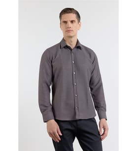 Kahverengi - Beyaz Kendinden Desenli Sert Yaka Uzun Kol Cepsiz Slim Fit Pamuklu Gömlek 1004255218