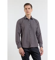 Kahverengi - Beyaz Kendinden Desenli Sert Yaka Uzun Kol Cepsiz Slim Fit Pamuklu Gömlek 1004255218