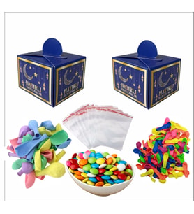 100'lü Hayırlı Ramazanlar Kutu+100 Balon+100 Su Balonu+1 KG Bonibon+100 Kilitli Poşetli Hediye Seti