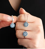 925 Ayar Gümüş Yuvarlak Nazar Model Küpe Yüzük Ve Kolye Set