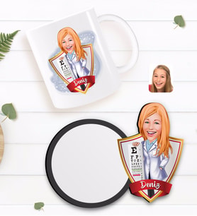 BK Gift Kişiye Özel Kadın Göz Doktoru Karikatürlü Beyaz Kupa ve Ahşap Bardak Altlığı Hediye Seti-1