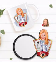 BK Gift Kişiye Özel Kadın Göz Doktoru Karikatürlü Beyaz Kupa ve Ahşap Bardak Altlığı Hediye Seti-1
