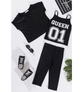 3'lü Queen Baskılı Tshirt Atlet Tayt Siyah Takım