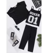 3'lü Queen Baskılı Tshirt Atlet Tayt Siyah Takım