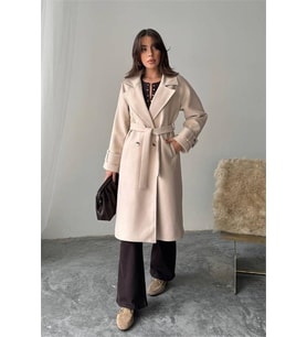 Neşeli butik kadın kuşak detaylı astarlı kaşe kaban NBG120 (Bej)