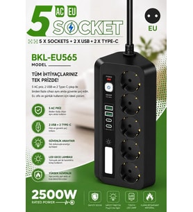 5 li Akım Korumalı Priz 2500w 2 Usb + 2 Type-c Hızlı Şarj Led Gece Lambalı Dokunmatik Siyah