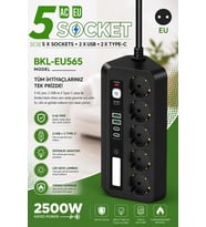 5 li Akım Korumalı Priz 2500w 2 Usb + 2 Type-c Hızlı Şarj Led Gece Lambalı Dokunmatik Siyah