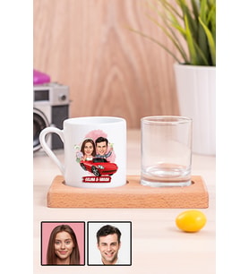 Sevgiliye Özel Hediye Biz Evleniyoruz Karikatürlü Ahşap Sunumlu Türk Kahvesi Fincanı