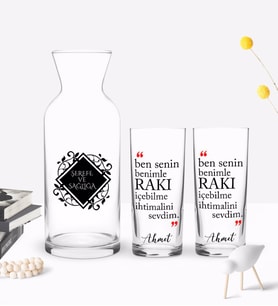 BK Gift Kişiye Özel Renkli Baskılı Rakı İçebilme İhtimali Tasarımlı İkili Rakı Bardağı ve Karaf Hediye Seti-1 (Model 1)