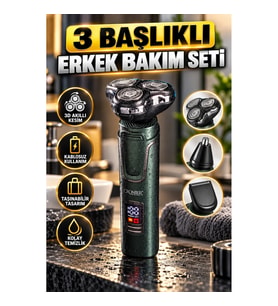Şarjlı Erkek Bakım Seti – 3 Başlıklı, 3D Akıllı Kesim, Kablosuz ve Taşınabilir