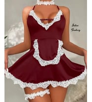Intive Fantasy French Maid Arkası Çapraz Dekolteli Mini Fransız Hizmetçi Kostüm (Bordo)