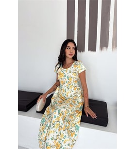 Neşeli butik kadın sarı yuvarlak yaka çiçekli midi boy bel bağlamalı elbise NBK4616
