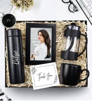 Kişiye Özel 500 ML Siyah Dereceli Termos & Siyah Çerçeve & Siyah French Press & Siyah Mat Kupa Hediye Seti