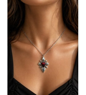Gotik Kırmızı Kalp Detaylı Metal Kolye Unisex Hediye Tasarım Aksesuar