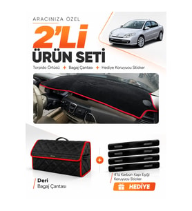 RENAULT LAGUNA 3 (2007-2015) Uyumlu Torpido Örtüsü + Deri Bagaj Çantası + Sticker Seti - Siyah Kırmızı