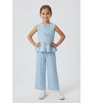 Sarı Sıfır Kol Fiyonklu Bluz Geniş Paça Pantolonlu Kız Çocuk 2li Takım 24714