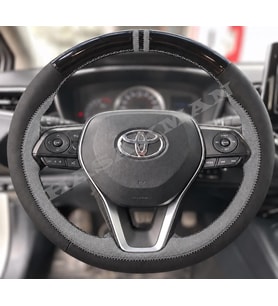 Toyota Yaris Cross Dikme Direksiyon Kılıfı Parlak Siyah Gri Detaylı Gri Çift Yüzük ve Dikiş 2020-2026