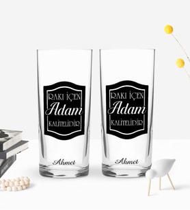 BK Gift Kişiye Özel Renkli Baskılı Rakı İçen Adam Tasarımlı İkili Rakı Bardağı Seti-1 (Beyaz)