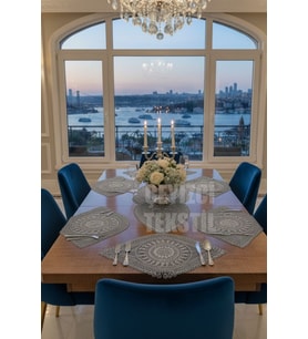 Nakışlı Supla Runner Seti Modern Amerikan Servis Takımı 6 Kişilik Set Gri