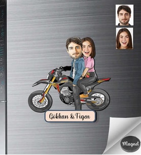 Kişiye Özel Motorcu Sevgili Ahşap Magnet -1
