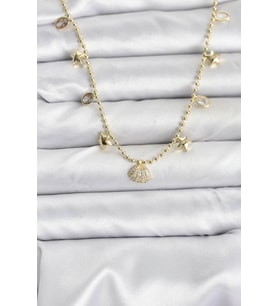 Pirinç Gold Renk Zirkon Taşlı Deniz Kabuğu Model Kadın Kolye 5886 - LOHO3497-3619