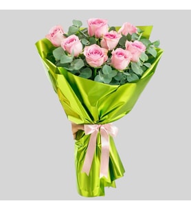 Parlak Yeşil Buket Kagıdında 10'lu Pembe Gül Buketi