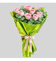 Parlak Yeşil Buket Kagıdında 10'lu Pembe Gül Buketi