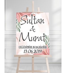 Söz Nişan Düğün İçin 50x70 Karşılama Panosu - Pembe Çiçekli