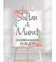 Söz Nişan Düğün İçin 50x70 Karşılama Panosu - Pembe Çiçekli