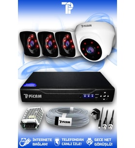 PICAM 4 Kameralı Kare 1 İç Kamera Set HDD'siz Full HD Gece Görüşlü Güvenlik Kamerası Sistemi