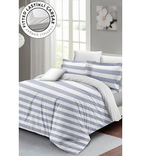 Lastikli Çarşaflı %100 Pamuk Saten Çift Kişilik Nevresim Takımı Soft Strip Luxury