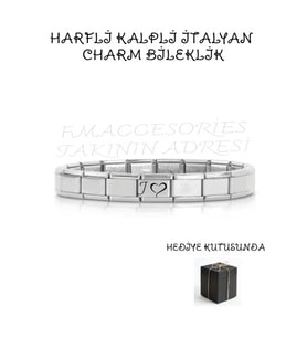 Çelik Bileklik İtalyan Charmlı Kalpli Harfli Kararmaz Solmaz En Güzel Hediye 1 Adet Uniseks Kutulu