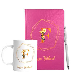 Kişiye Özel Pembe Defter Kalem & Kupa Hediye Seti