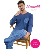 Seamlife Erkek Desenli Düğmesiz V Yaka  %100 Pamuk Mevsimlik Uzun Kol Cepli Pijama Takımı (Mavi)